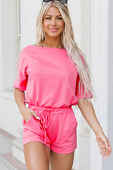 Pink Asymmetrical Short Sleeves Drawstring Pocket Romper