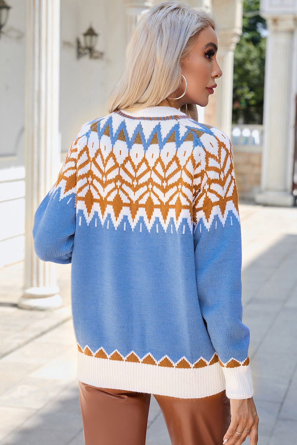 Blue Geometric Print Ribbed Trim Sweater