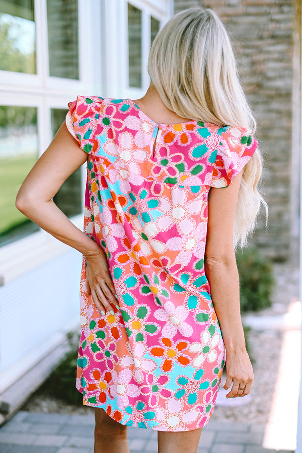 Rose Embroidered Detail Floral Print Ruffle Trim Tank Top