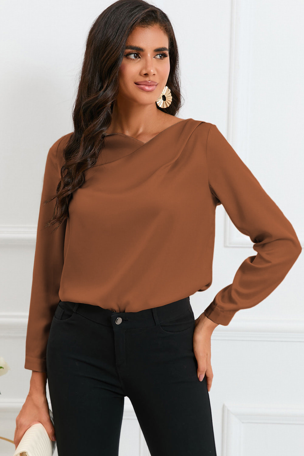 Apricot Solid Asymmetric V Neck Long Sleeve Satin Blouse