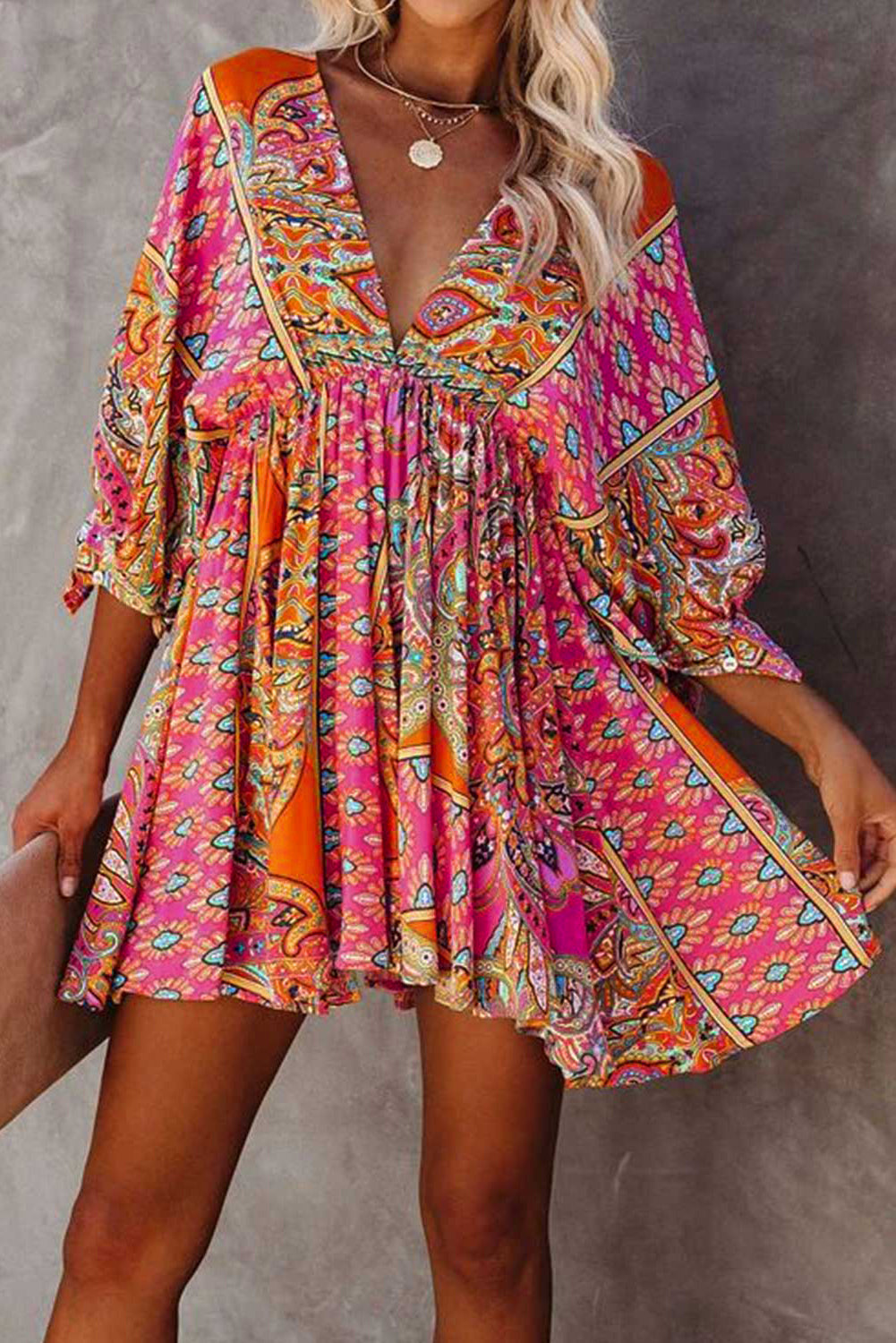 Multicolour V Neck 3/4 Sleeve Bohemian Vintage Print Mini Dress