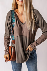 Khaki Ribbed Patchwork V Neck Long Sleeve Top