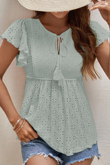 Green Jacquard Eyelets Lace-up Ruffled Short Sleeve Blouse