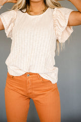 Beige Ruffled Rib Knitted Short Sleeve T Shirt