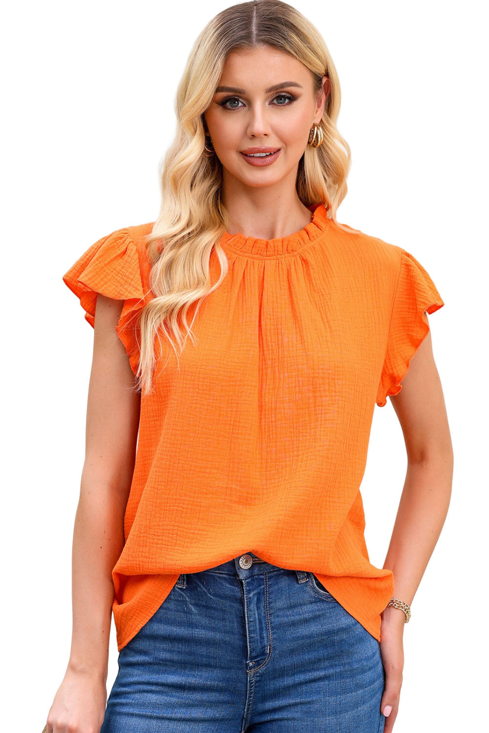 Rose Flutter Sleeve Frilled Neck Textured Blouse