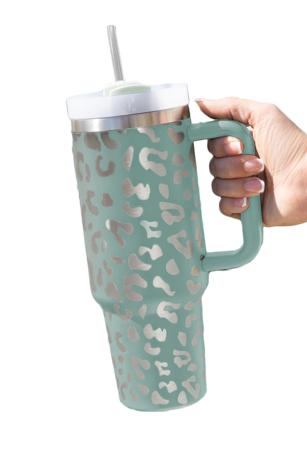 White Leopard Print 40OZ Stainless Steel Portable Cup with Handle