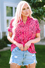 Rose Frilled Neck Puff Sleeves Leopard Print Top