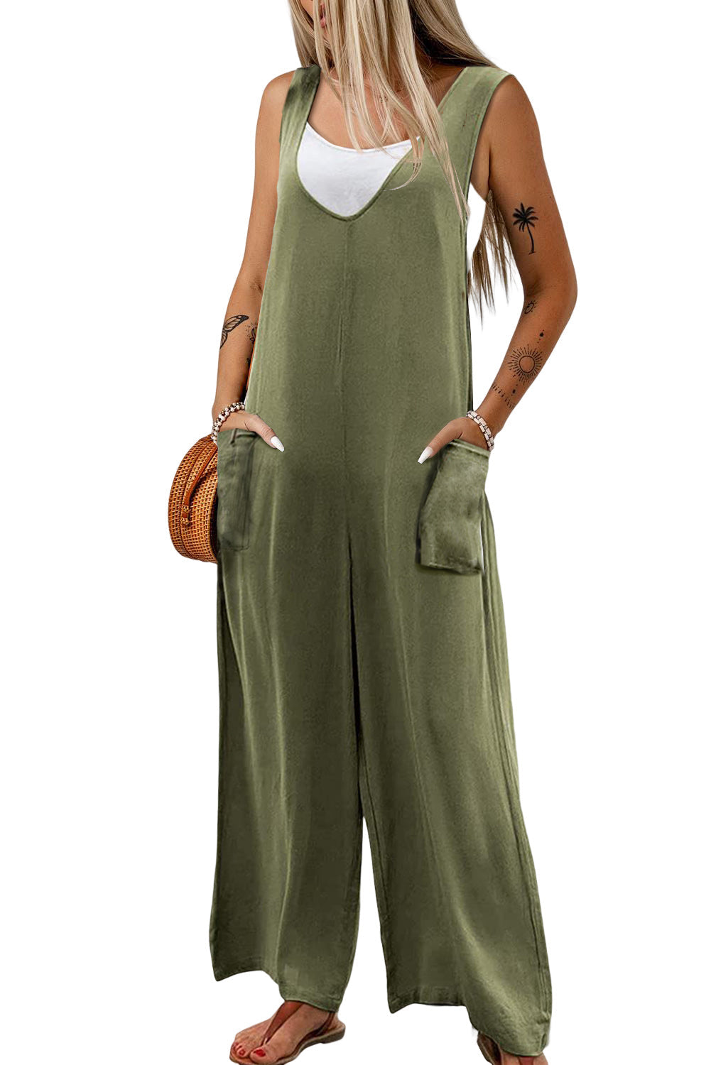 Green Sleeveless V Neck Wide Leg Jumpsuit with Pockets