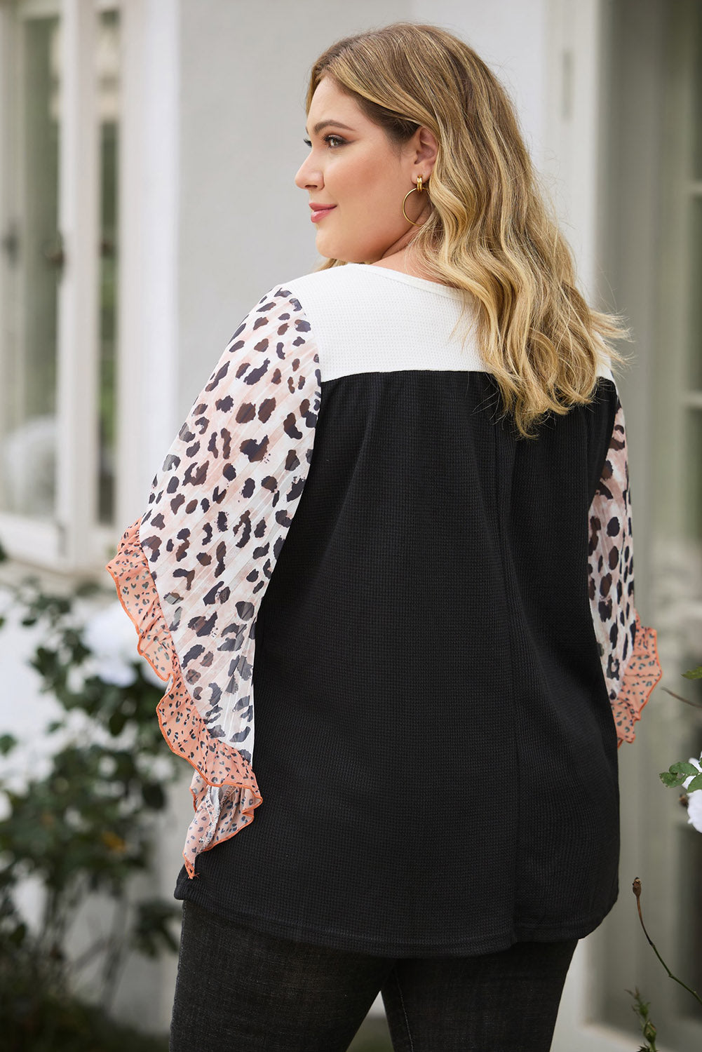 Khaki Waffle Knit Animal Print Ruffle Sleeves Plus Size Top
