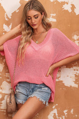 Pink V Neck Half Sleeves Loose Knitted Top