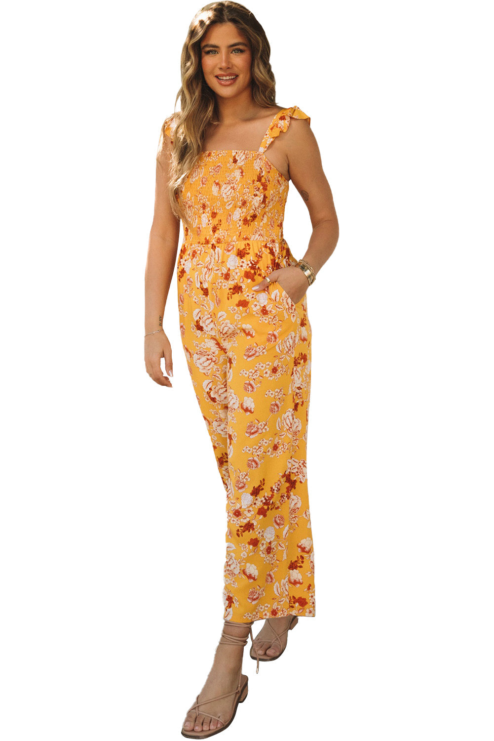 Yellow Floral Print Ruffle Shoulder Smocked Wide Leg Jumpsuit