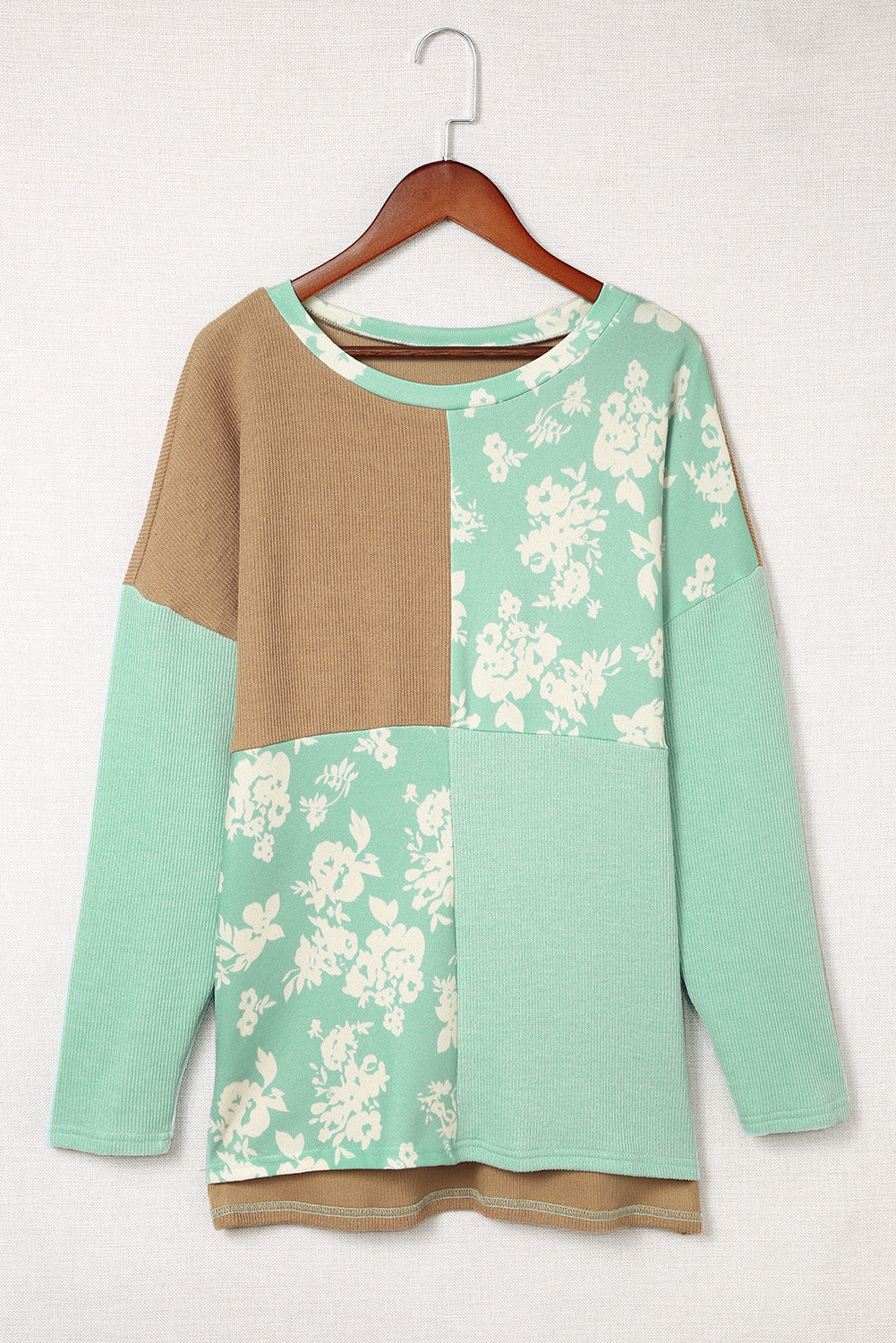 Green Floral Print Color Block Patchwork Top