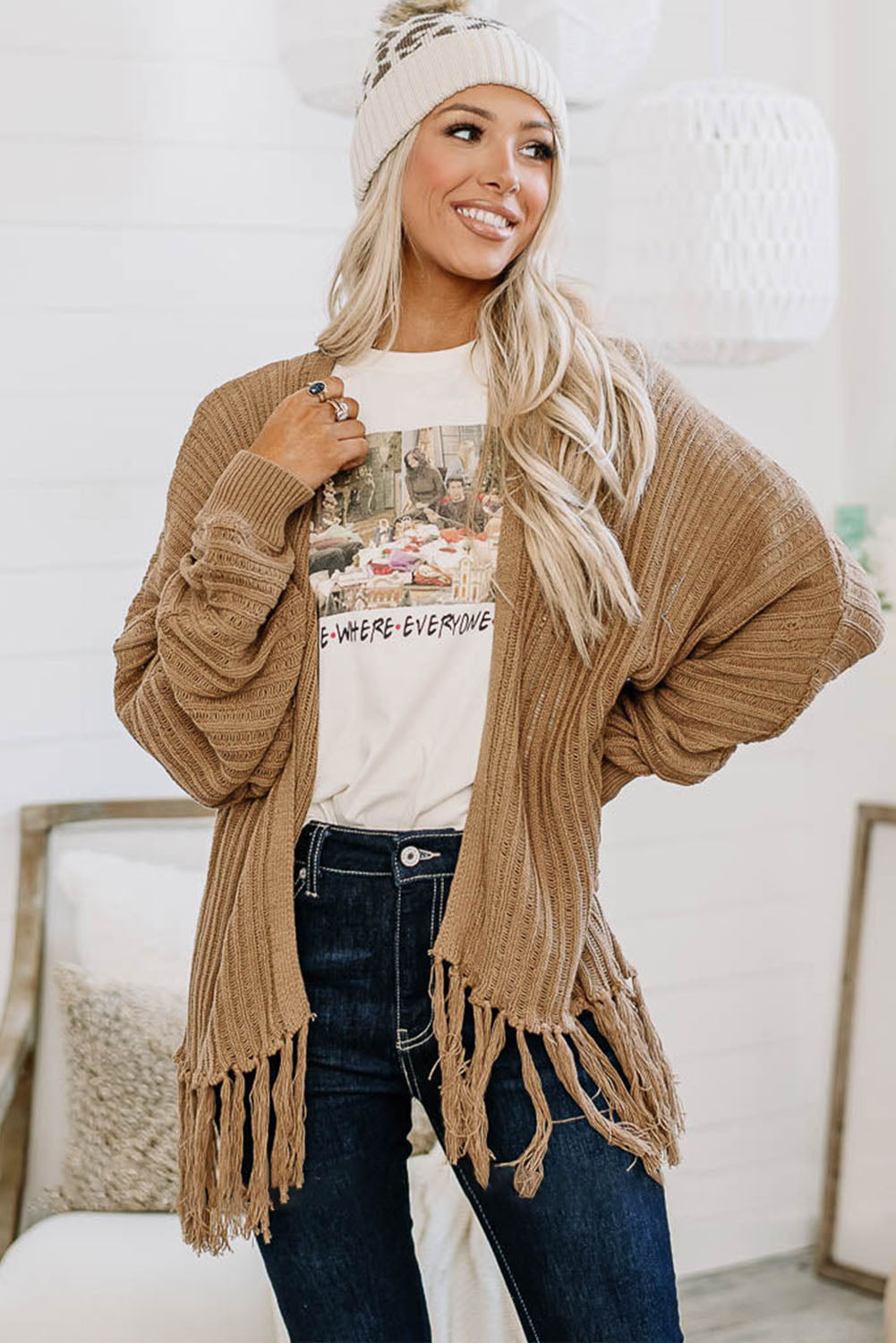 Khaki Fringe Open Front Knit Cardigan