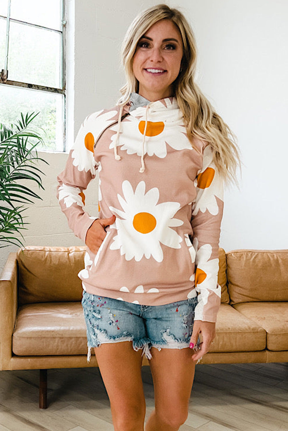 Pink Daisy Print Zipped Doublehood Sweatshirt