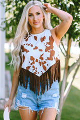 White Cow Printed Fringe Hem Tank Top