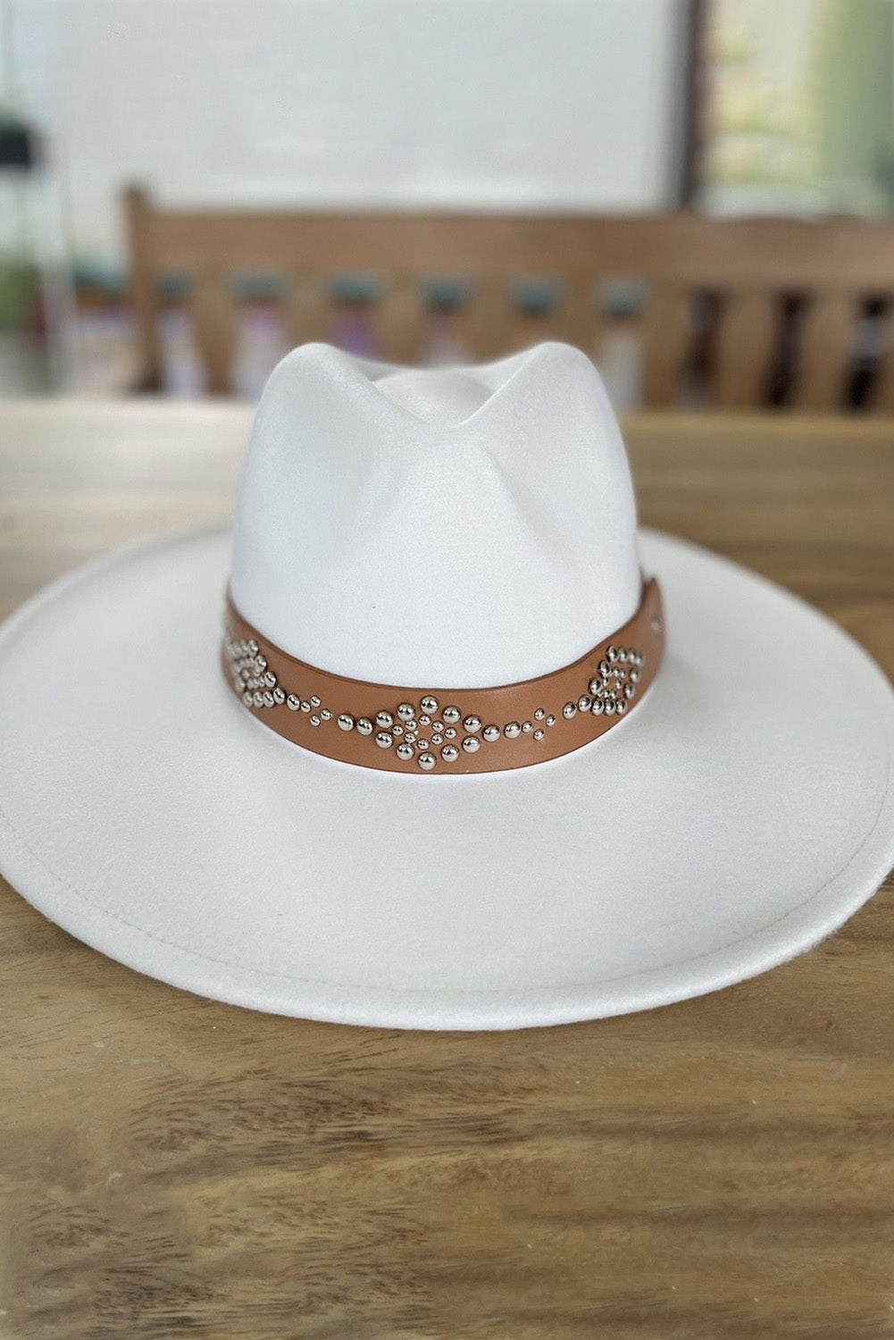 White Studded Wide Brim Panama Hat