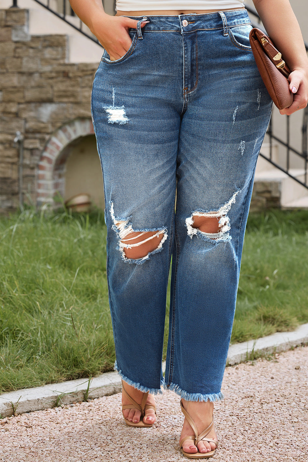 Blue Plus Size Open Knee Distressed Jeans