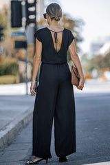 Black Sleeveless V Neck Belted Wide Leg Jumpsuit