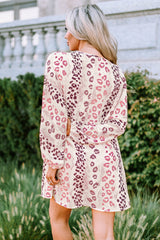 White Leopard V Neck Puffy Sleeve Dress