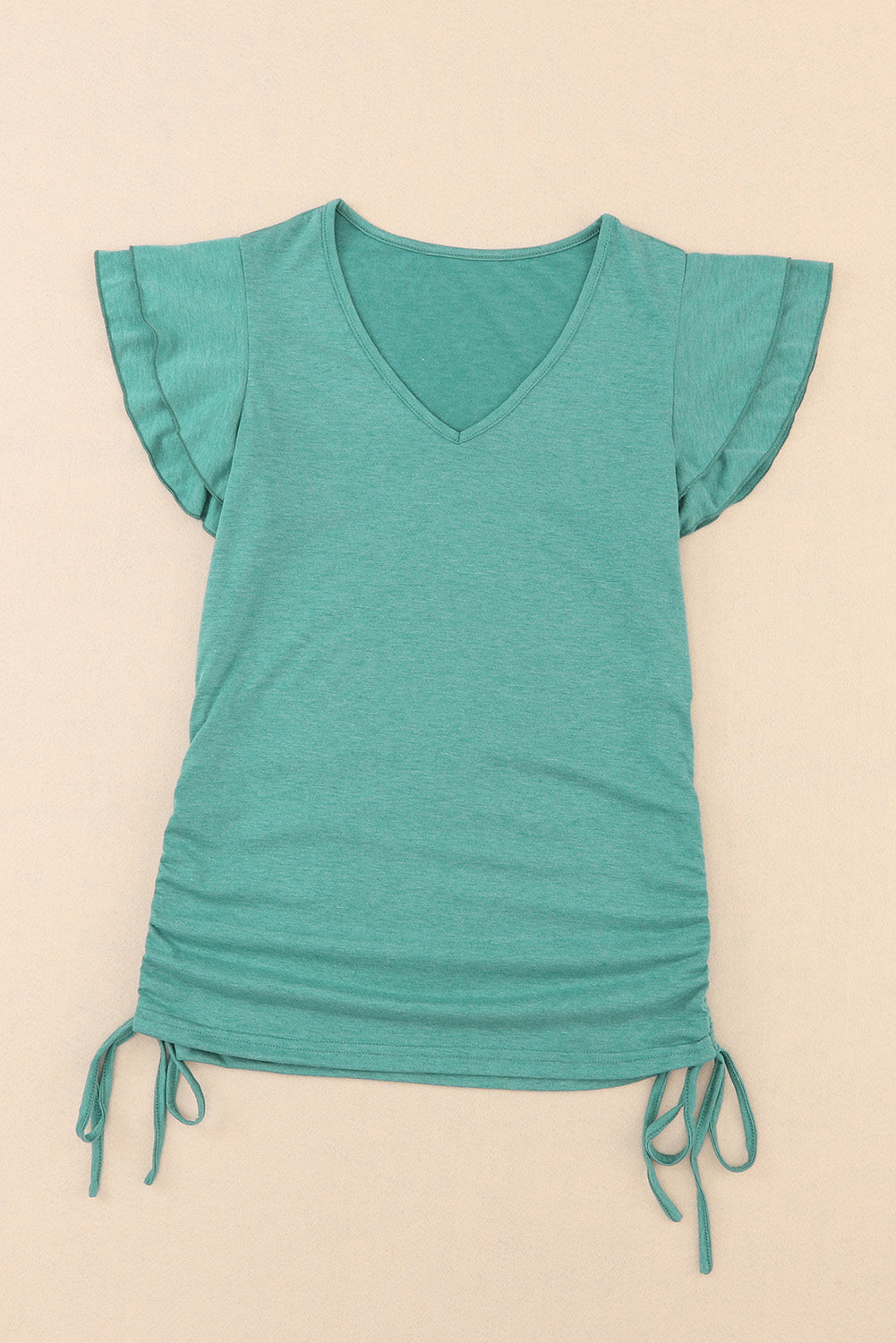 Green Ruffle Short Sleeves V Neck Drawstring Top