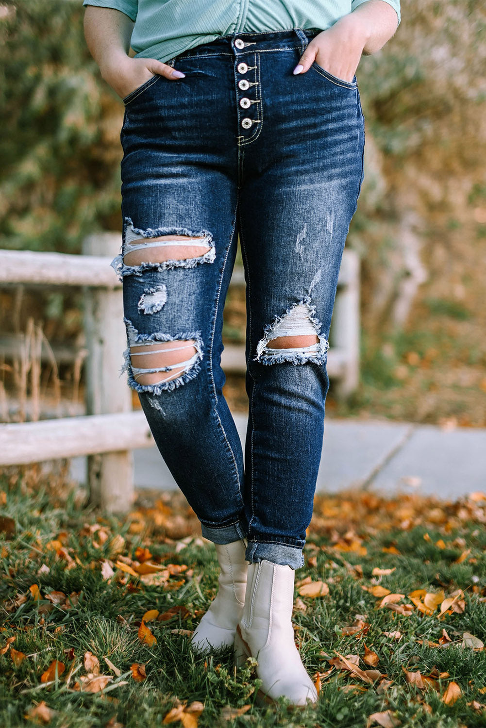 Blue Medium Wash Button Fly Distressed Plus Size Jeans