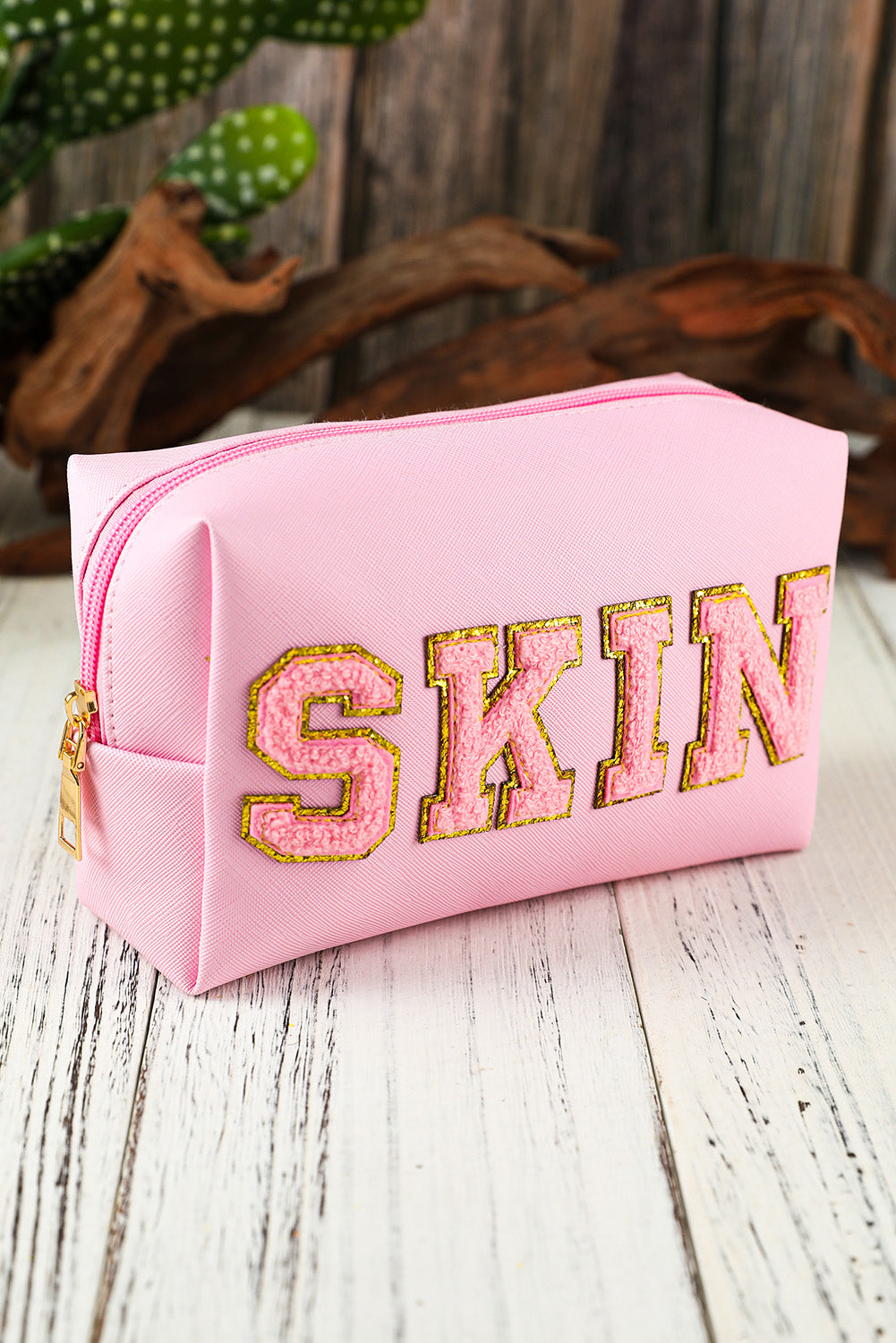 Pink SKIN Embroidered Patch Zipped Cosmetic Bag 19*7*12cm