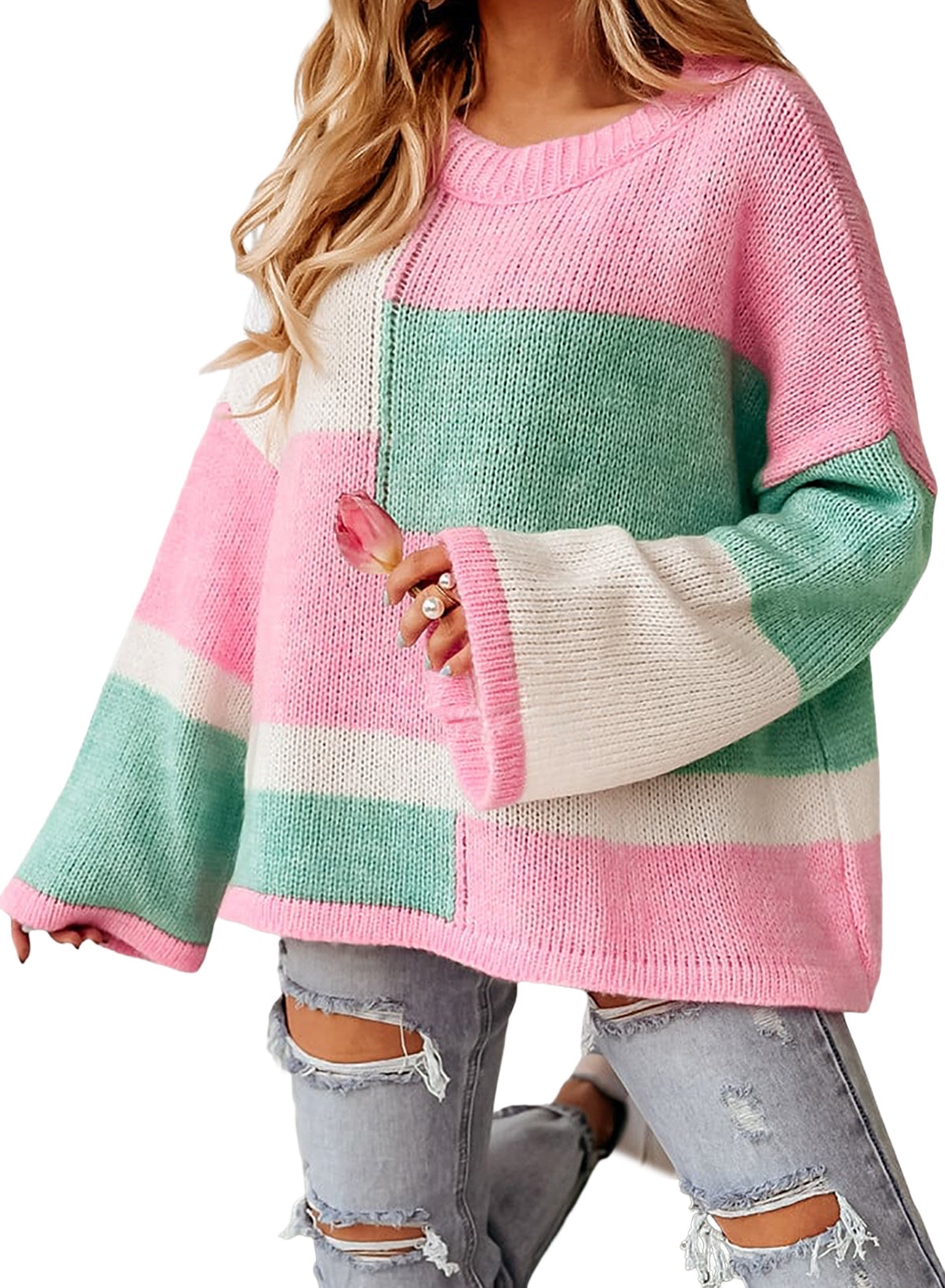 Pink Colorblock Drop Shoulder Bell Sleeve Sweater