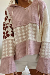 Multicolor Floral Check Pattern Colorblock Wide Sleeve Hooded Sweater