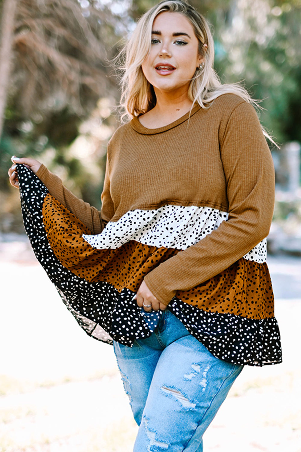 Brown Plus Size Knit Dotted Print Tiered Top with Ruffle
