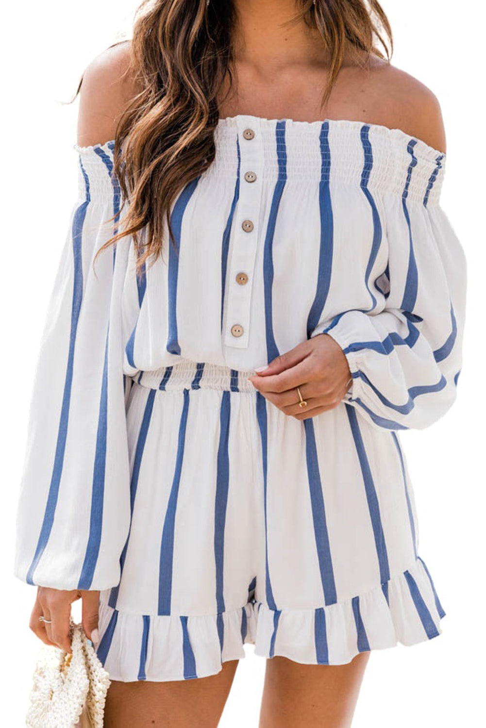 Blue Striped Off Shoulder Ruffled Long Sleeve Romper