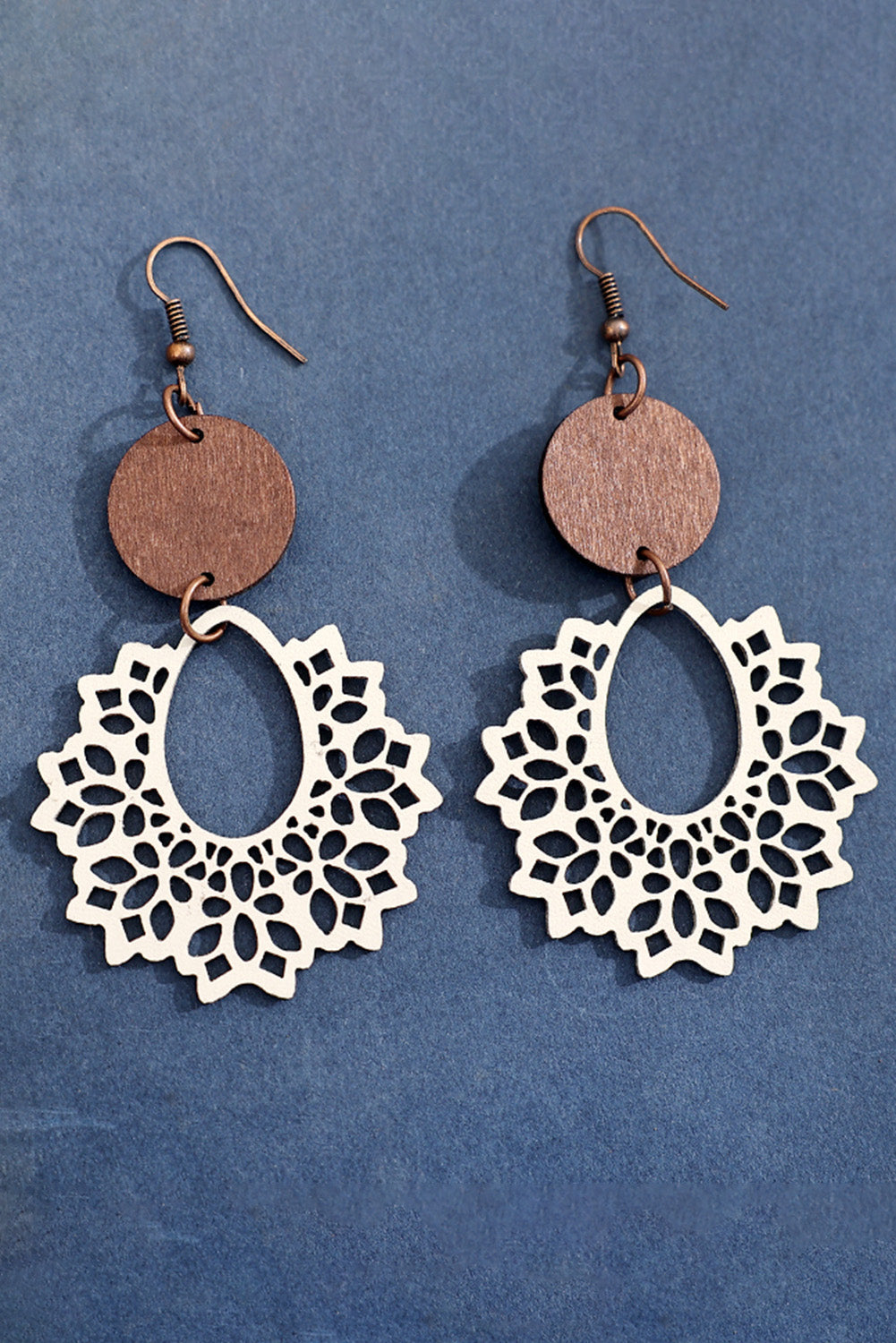 White Hollowed Flower Round Wood Pendant Earrings