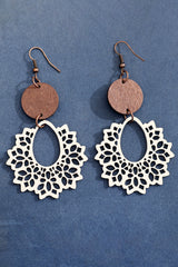 White Hollowed Flower Round Wood Pendant Earrings