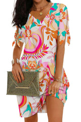 Multicolor Knotted Short Sleeve V Neck Floral Dress