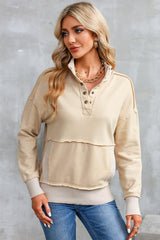 Khaki Ribbed Hem Snap Button Neckline Sweatshirt with Pocket