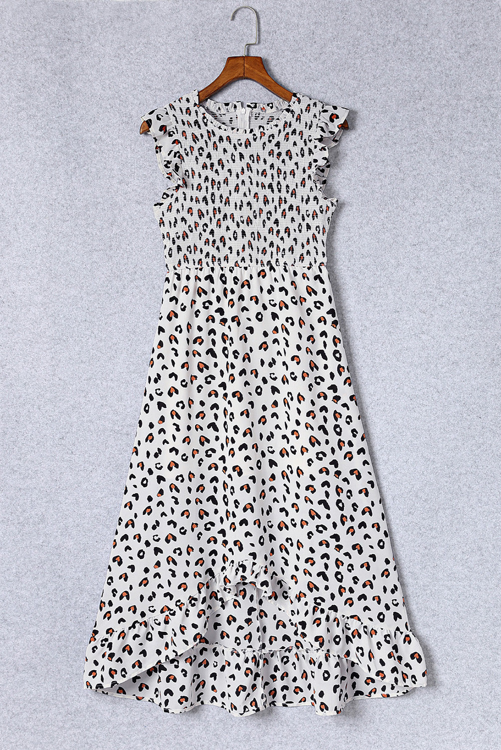 White Leopard Smocked High Low Midi Dress