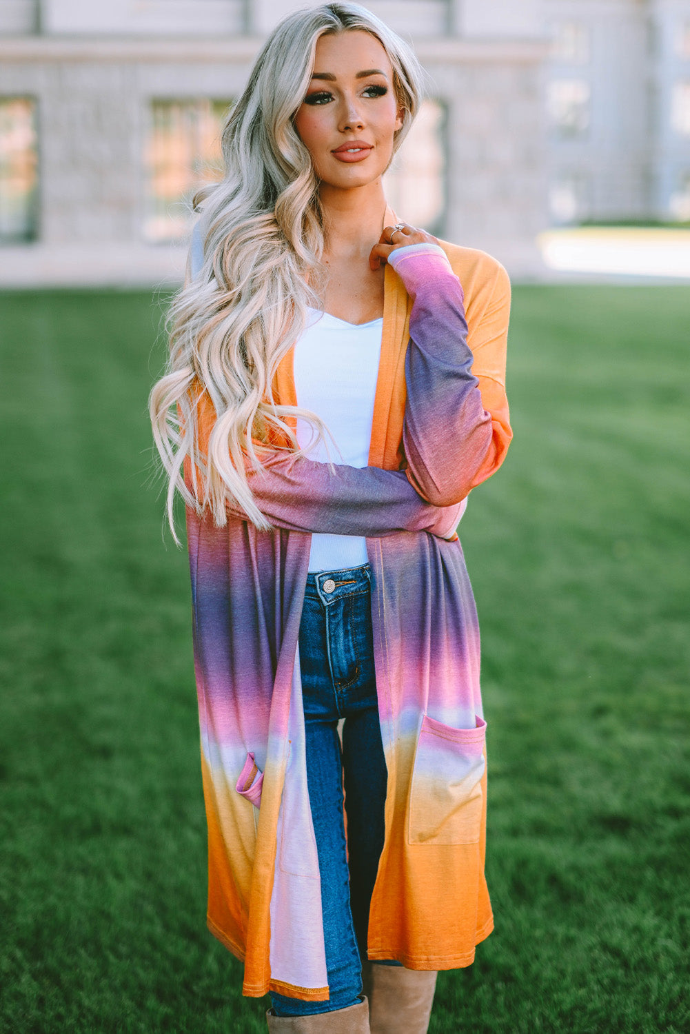 Yellow Gradient Tie-dye Open Front Mid-length Cardigan