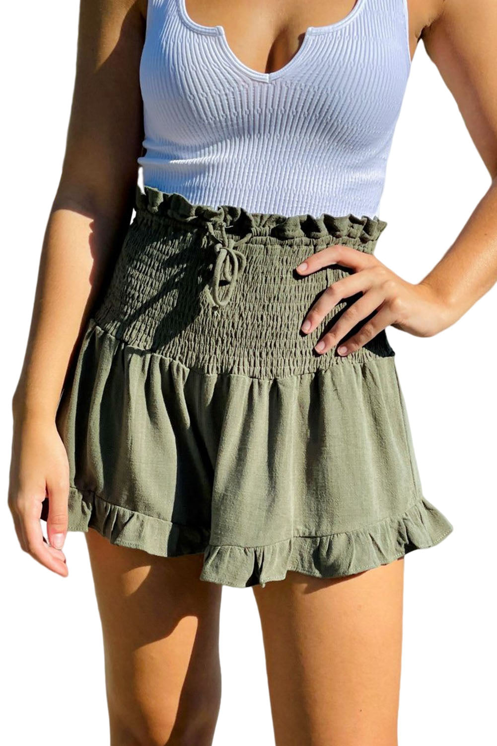 Green Smocked Wide Waistband Ruffled Casual Shorts