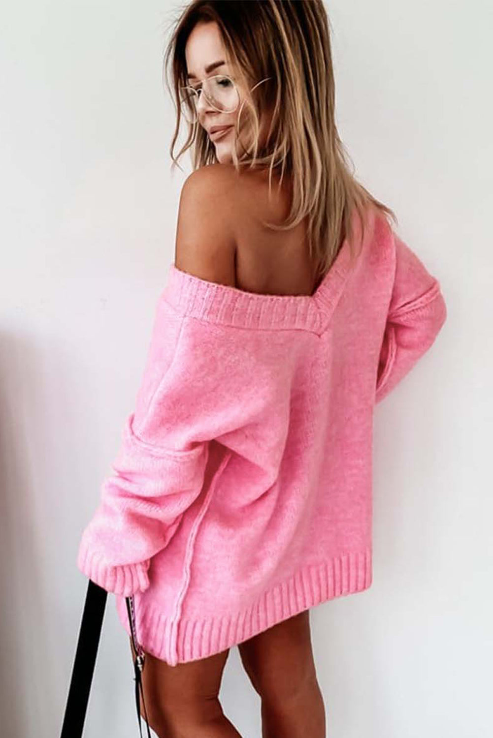 Pink Exposed Seam V Neck Slouchy Sweater