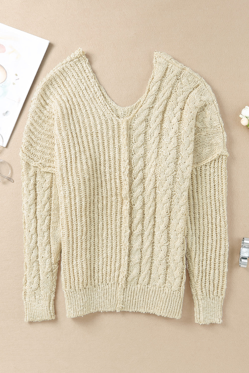 Beige V Neck Loose Knit Sweater