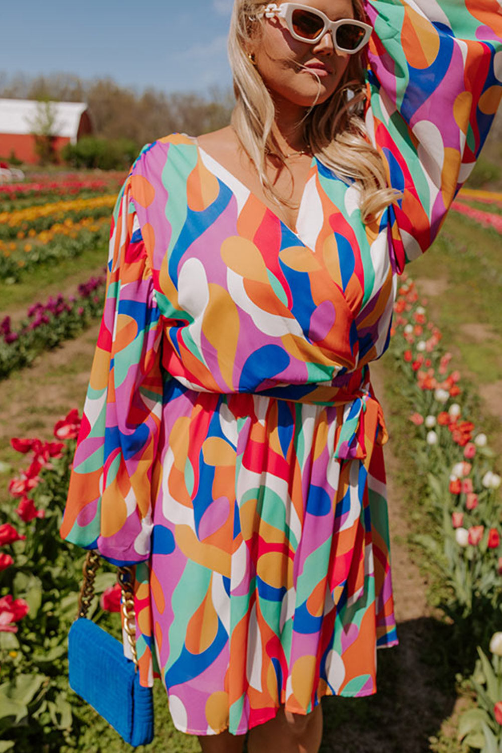 Multicolor Plus Size Abstract Print Oversized Sleeve Belted Dress