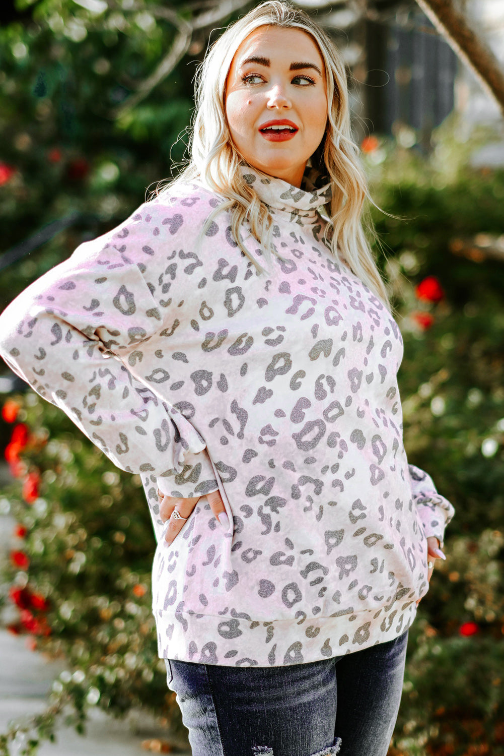 Leopard Print Brushed Fleece Cowl Neck Plus Size Top