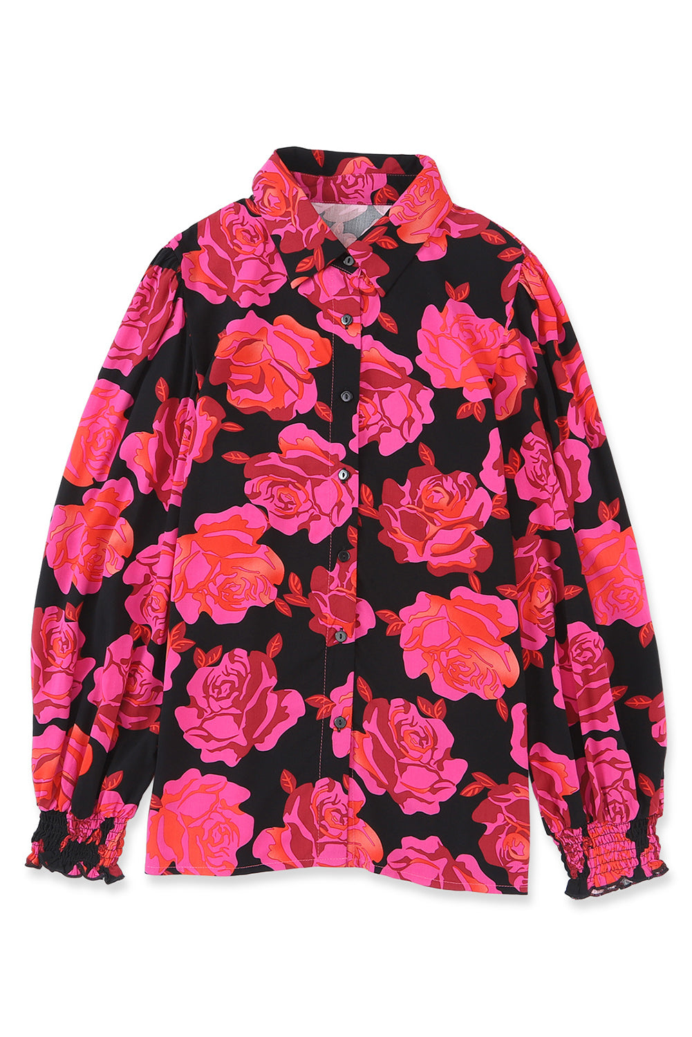 Rose Floral Shirred Cuffs Long Sleeve Shirt