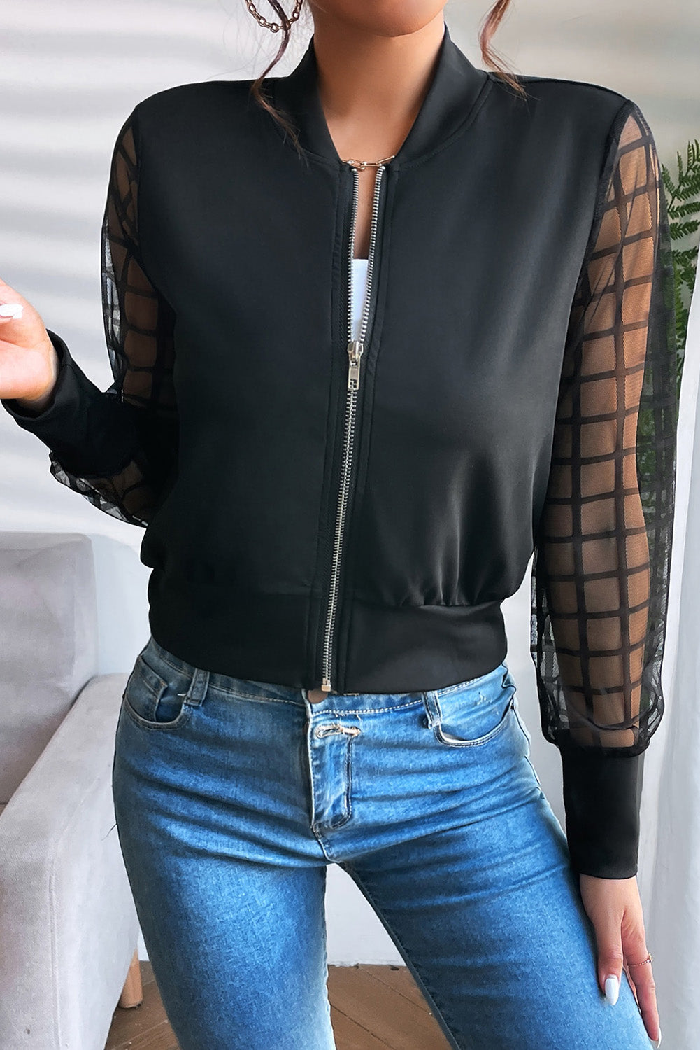 Black Latticed Mesh Sleeve Zip Up Bomber Jacket