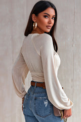 Beige Ruched Deep V Neck Long Sleeve Bodysuit