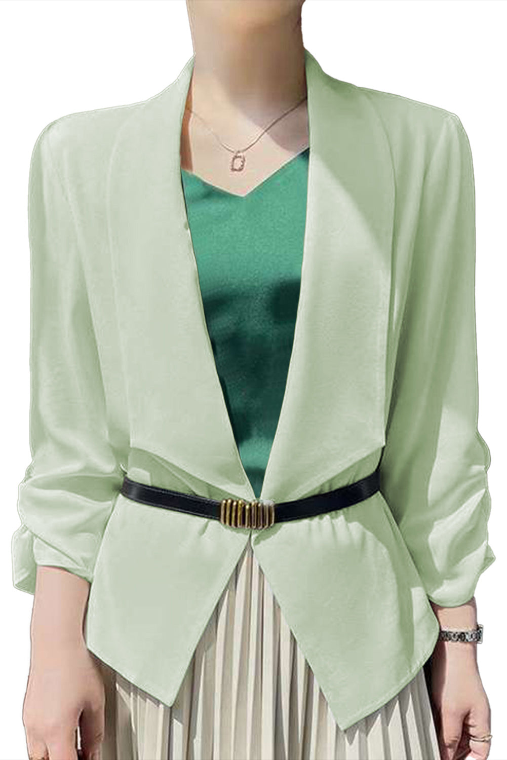 Apricot Solid Lapel Collar Satin Blazer