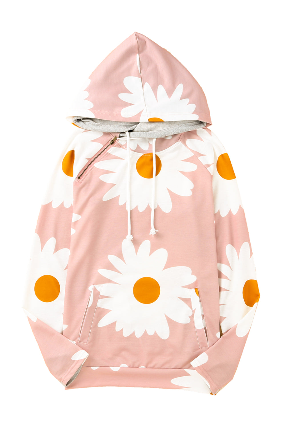 Pink Daisy Print Zipped Doublehood Sweatshirt
