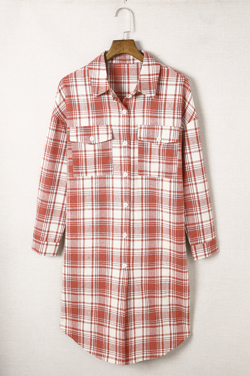 Red Plaid Print Button Long Shacket