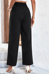 Black Solid Color Tie Waist Wide Leg Pants