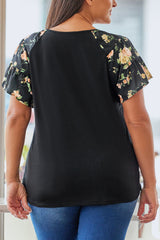 Black Floral Ruffle Sleeve Plus Size Top