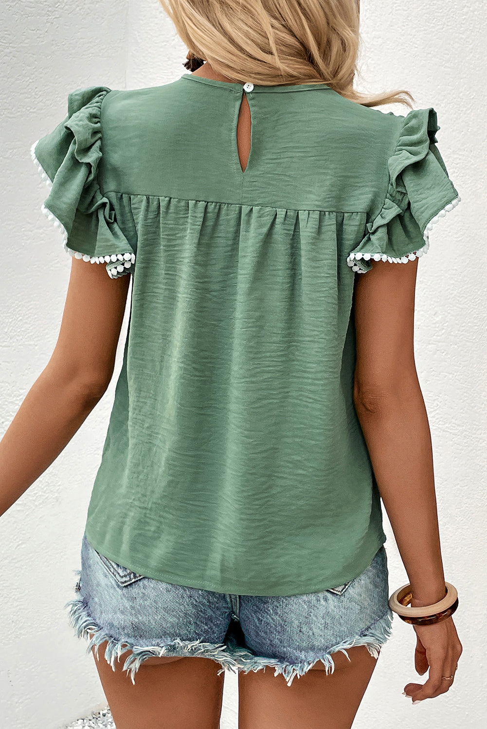 Green Pleated Pom Pom Trim Ruffled Sleeve Blouse